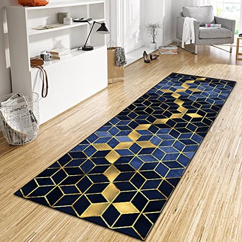 WTHYGB Teppich Läufer Flur Küche 50x150 cm, Modern rutschfest Waschbar Dauerhaft Küchenläufer Flurläufer, Lang Polyester Schwarz und Blau Teppichläufer für Korridor, Schlafzimmer, Innen Wohnzimmer