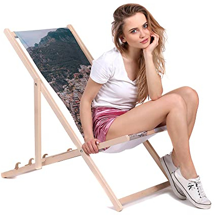 DreamRoots Liegestuhl klappbar Buchenholz, Amalfi | Klappliegestuhl Holz, Buchenholz, bis 130 kg, 3-fach verstellbar, waschbarer Polyesterbezug, für Garten & Terrasse