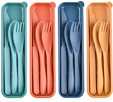 Cubiertos de plástico reutilizables con estuche, juego de utensilios oscuros portátiles para niños y adultos, vajilla de camping(4 piezas)