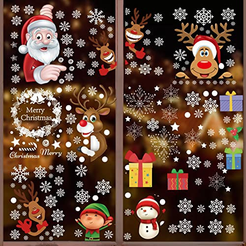 Aufkleber Weihnachten Fenster, 12 Blatt Fensterbilder Weihnachten Selbstklebend für Glas, PVC Staic Weihnachtsaufkleber, DIY Weihnachtsdeko Fenster, Schneeflocke, Weihnachtsmann, Rentier (12 Blatt-C)