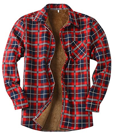 Minetom Homme Chemises en Flanelle Chemises À Carreaux Manches Longues Chemise Chaude De Bucheron Bouton Chemise Sherp Veste O Rouge XL