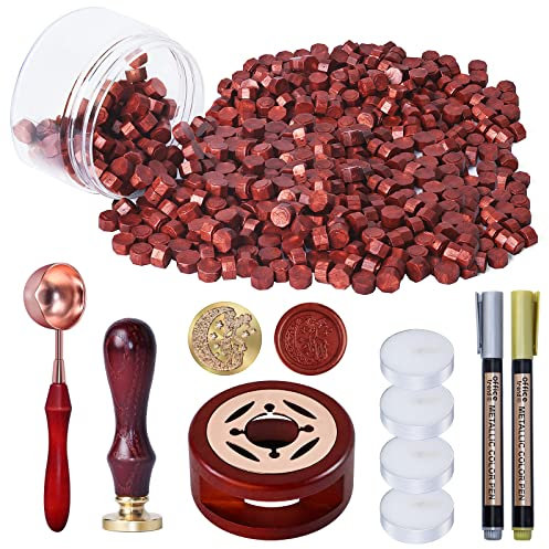 WEWINK PLUS 250 PCS Seal Stamp Kit, Wine Red Sealing Wax Beads With Deer Stamp, Warmer, Spoon, Tea Candles, Metallic Pen for Seals, Gifts, Invitations, Envelopes, Craft