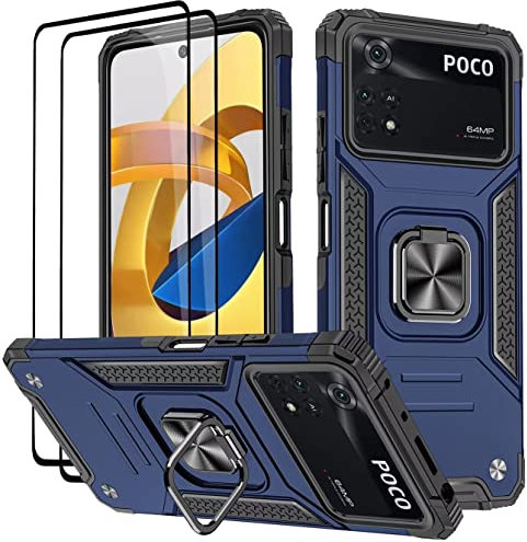 KANSi Coque pour Xiaomi POCO M4 Pro 4G (6.43), Verre Trempé [2 Pièces] + Housse TPU Silicone Rotation 360° Aimant Anneau Support Double Défense Protection Etui - Bleu