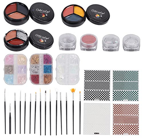 ANKROYU 29pcs Nail Art Tool Kit Solid Gel Polish Glitter Sequins Sticker Nail Art Brush Set for Nail Artist, Nail Glitter Foil Flakes Nail Tape Strips and Multi-Color Nails Rhinestones