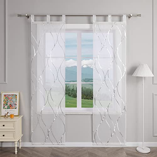 Delien 2er Set Schiebevorhänge Transparente Schiebegardinen Modern »Wogender Fluss« Flächenvorhänge Wohnzimmer Fenster Gardinen mit Wellenmuster Dekoschals mit Schlaufen BxH 57x175cm,Silber