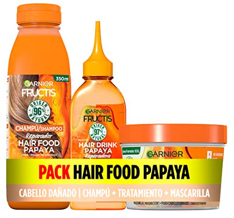 Garnier Fructis Pack Champú + Tratamiento Hair Drink + Mascarilla Para Pelo Dañado, con Papaya Reparadora, Limpia, Desenreda y Nutre, Set de 3 Productos