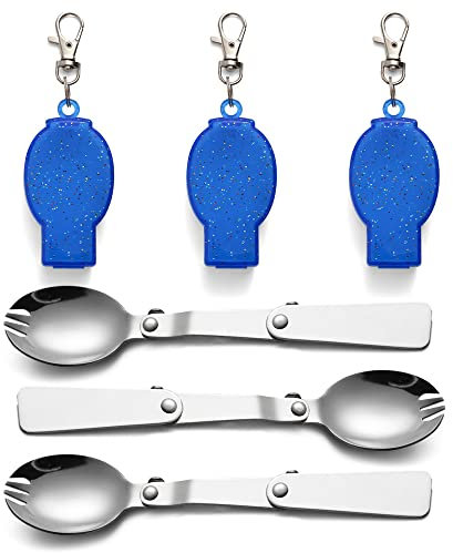 3 PCS Folding Stainless Steel Spoon and Fork with Case Stainless Steel Portable Camping Cutlery Multi-Functional Foldable Fruit Forks for Outdoor Camping and Hiking
