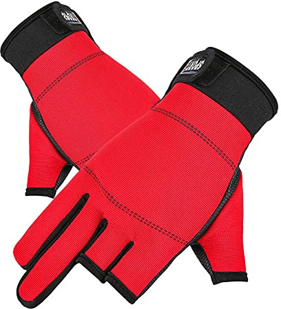 Fingerlose Mechaniker-Arbeitshandschuhe, 3 freiliegende fingerlose Fahrradhandschuhe, Unisex, Anti-Rutsch-Handschuhe für Outdoor, Angeln, Fahren, Arbeiten (Rot)