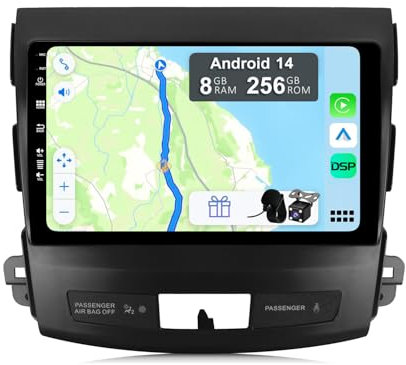 YUNTX [8GB+256GB] Android 14 Autoradio für Mitsubishi Outlander/Peugeot 4007/Citroen C-Crosser-[Integriertes CarPlay/Android Auto/DSP/GPS]-9” IPS 2.5D-Kamera+MIC-DAB/Mirror Link/Bluetooth 5.0