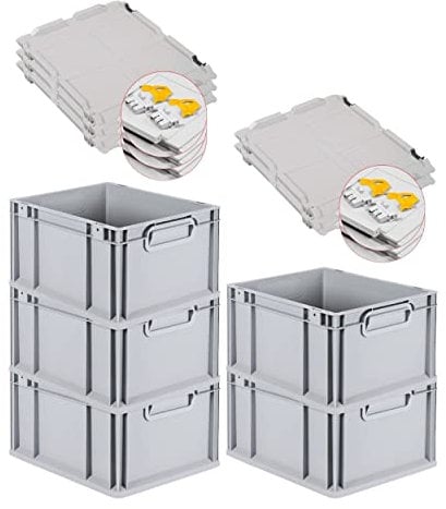 PROREGAL SuperSparSet 5x Eurobox NextGen Grip mit Scharnierdeckel und gelben Schiebeschnappverschlüssen, HxBxT 22x30x40cm, 20 L, Grau, Griffe geschlossen, Eurobehälter, Transportbox