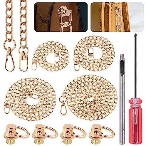 Glarks 10Pcs Purse Chain Strap and D Stud Rivets Kit Flat Metal Bag Strap Replacement Chain Equiped with Ball Post Head Buttons, Screwdriver, Hole Punch for Handbags, Wallet and Other DIY Chains