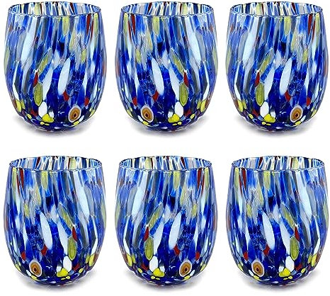 MAZZEGA ART & DESIGN - 6 Bicchieri Acqua Big Colombina in Vetro Soffiati e Lavorati a Mano con Murrine di Murano, linea “I Colori di Murano” 435 ml. Made in Italy (BLU, 6)