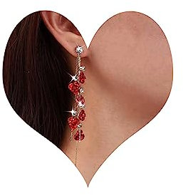 TseenYi Rosa Roja Borla Pendientes Largos - Flor De Cristal Vintage Con Rhinestone - Joyas Para Mujeres Y Niñas