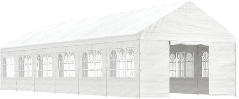 Tidyard Pavillon Partyzelt Mit Dach und 14 Seitenwänden und transparenten römischen Fenstern Festzelt Gartenpavillon Gartenzelt Partyzelt 13,38 x 4,08 x 3,22 m (B x T x H) PE verzinkter Stahl Weiß