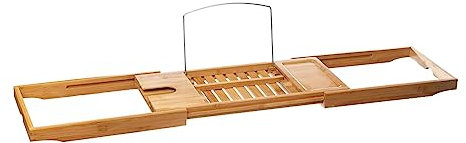 Avilia - Badewannentablett aus Bambus, ausziehbar 70-104 cm mit Kelchhalter und Notenpult | Elegantes Badezimmerzubehör zum Entspannen und Organisieren in der Badewanne