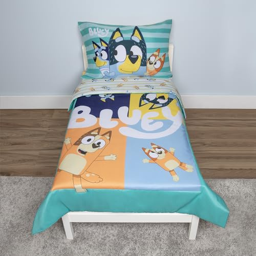 Bluey 4 Piece Toddler Bedding Set – Includes Comforter, Sheet Set – Fitted Top Sheet Reversible Pillowcase for Boys or Girls Bed, Blue