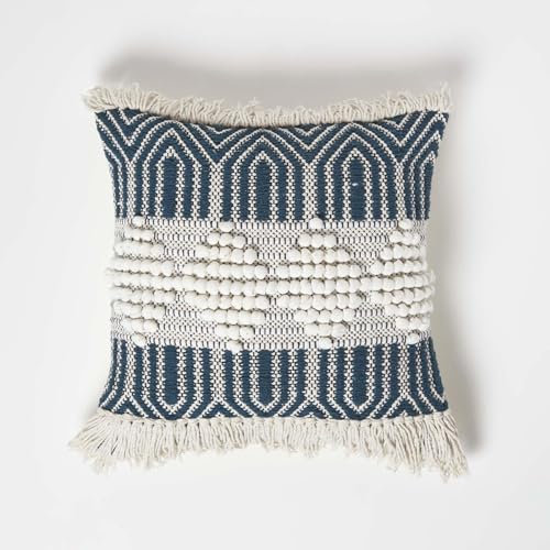 Homescapes Kelim Kissen Safi blau-weiß Gemustert, Deko-Kissen 45x45 cm mit Fransen, Boho Kissen mit Füllung