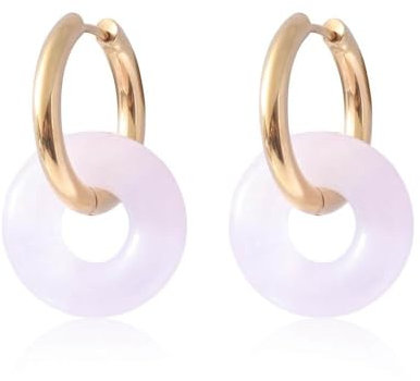 Edelstein Ohrringe Damen,Klassische Goldene Doppel-Creolen Mit Baumelndem Rosenquarz-Anhänger Für Damen