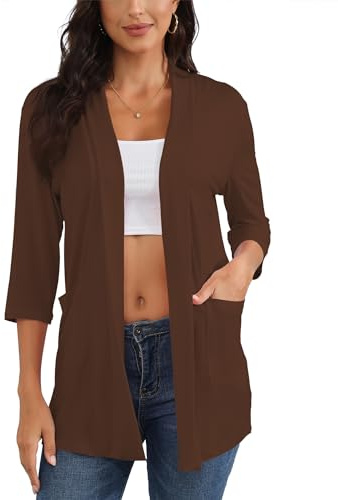 Micoson Cardigan da donna a maniche lunghe aperto sul davanti, casual, sciolto, leggero, cardigan con tasche, Manica 3/4 Marrone, X-Large
