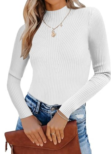 Famulily Ladies Elegant White Turtleneck Sweater Jumpers Soft Ribbed Knit Long Sleeve Pullover Tops (L, White)