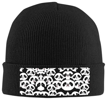 EVANEM Winter Warme Mütze für Männer und Frauen, Panda Muster Acryl Strick Wollmütze, Everyday Beanie Hat, Schwarz , One size