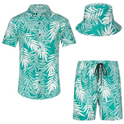 EISHOPEER Hawaii-Outfit-Sets für Herren, Blumenmuster, lässig, kurzärmelig, Hemd und Shorts, Anzüge, Pat_Green & Palm Leaf (mit Hut), XXX-Large