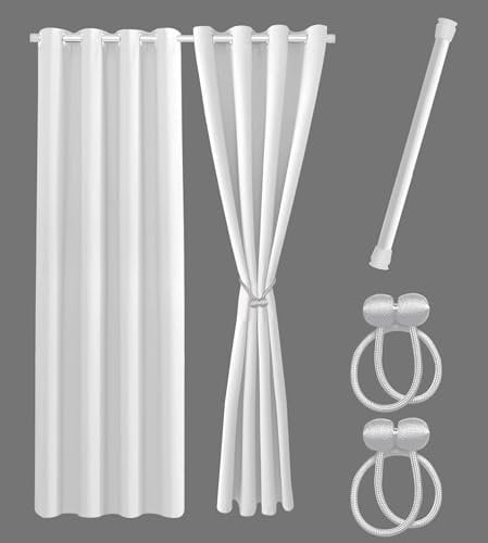Cozyor Praktisches Set ohne Bohren: 2X Vorhang + 1x Klemmstange 70-120 cm + 2X Raffhalter mit Magnet Blickdicht & verdunkelnd, als Raumteiler, Fenster & Tür Weiß Thermovorhang 200x135cm