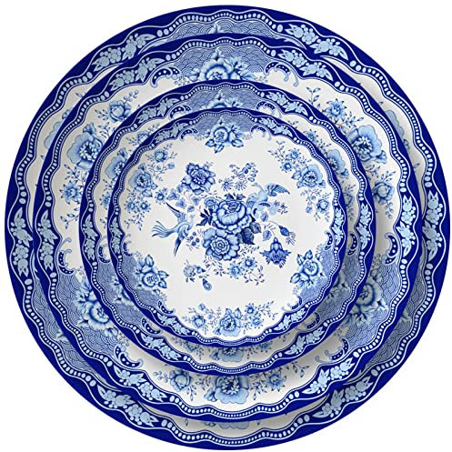 OrLtL Platos de boda de porcelana azul y blanca, platos dorados de cerámica, vajilla de porcelana de hueso, juego de platos para servir de Navidad