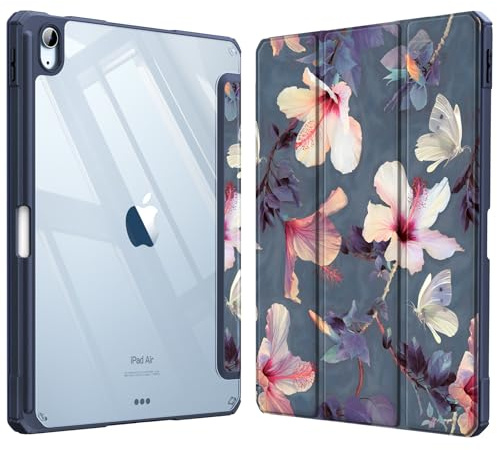 FINTIE Clear Case for iPad Air 11 Inch & iPad Air 5th/4th Generation 10.9 | Hybrid Slim Design, Shockproof Cover with Transparent Back Shell & Pencil Holder, Viewing & Typing Angles, Blooming Hibiscus