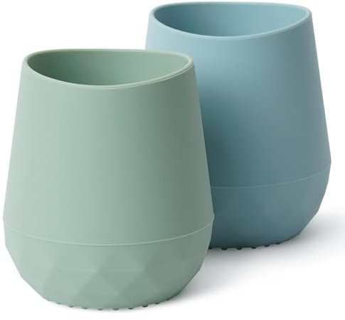 Vaso Aprendizaje Bebe Silicona, Seposeve Paquete de 2 Vaso Agua Bebe para 6-12 meses, Botella Agua Bebe 1-2 año, Tiny Open Vaso Antiderrame Bebe, con Marcas de Capacidad, Verde Azul