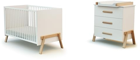 AT4 - CANAILLE Duo aus Holz-Babybett und Kommode | Babybett 60x120 | Kommode mit 3 Schubladen, inklusive Wickeltisch