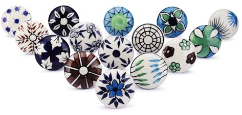 Ajuny Juego de 15 Pomos de Cerámica – Tiradores Artesanales Pintados a Mano con Diseño Floral Multicolor para Cajones, Armarios, Cocinas y Cómodas – Decorativos y Hechos a Mano