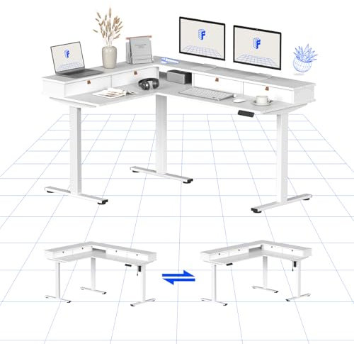 FLEXISPOT Höhenverstellbarer Schreibtisch Elektrisch, Höhenverstellbarer L-förmiger Schreibtisch mit flexiblem Design und Stauraum, Eckschreibtisch mit Schublade(Weiß)