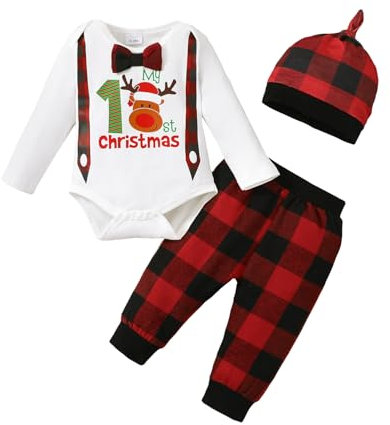 LUVCES Baby Jungen My 1st Christmas Kleidung Weihnachtsmann-Druck Gentleman Strampler + Rot karierte Hose + Mütze Weihnachtsoutfit Sets Weißer Elch 12-18 Monate