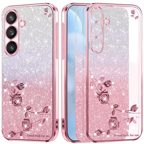 BEENTRYS Transparent Flower Case for iPhone 13,Clear Glitter Floral Stylish Girl Women Bling Sparkle Silicone TPU Shockproof Phone Case Cover for iPhone 13-Pink