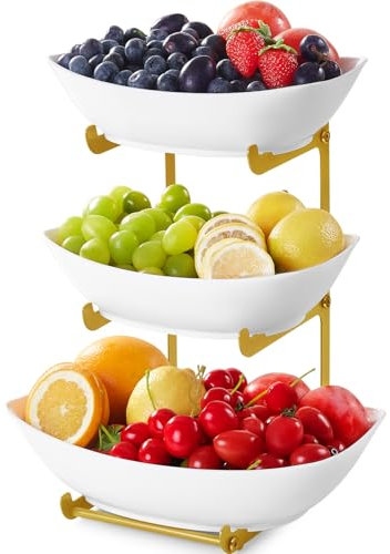 Lifewit Fruit Bowl, 3 Tier Fruit Holder for Kitchen Countertop, Plastic Food Basket with Metal Stand, Serving Tray for Food, Medium Capacity Snack Cake Berry Storage Rack in Party, White and Gold