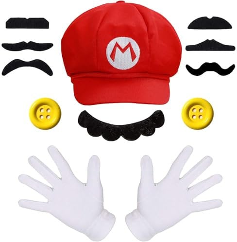 Fonyiunce Maro Kostüm Zubehör, Erwachsene Karneval Kostüm Mütze Hut Handschuhe Bart Gelbe Knöpfe, Lugi Bros Cosplay mit Mütze Hose Bart Handschuhe, für Kinder Damen Herren