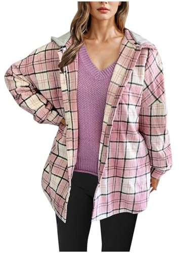 Veste Chemise à Carreaux d'hiver pour Femmes, Vestes Chaudes à Capuche en Peluche, Cardigan à Boutons, Manteau en Flanelle Chaude Surdimensionnée Mode Chemise Tendance à Carreaux Hiver Chic Pas Cher