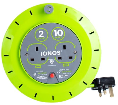 IONOS 2 Socket Cable Reel, 10m, Green Extension Lead, 13A with Thermal Cut Out, Heavy Duty Outdoor Extension Lead (ION13A10MCR6)