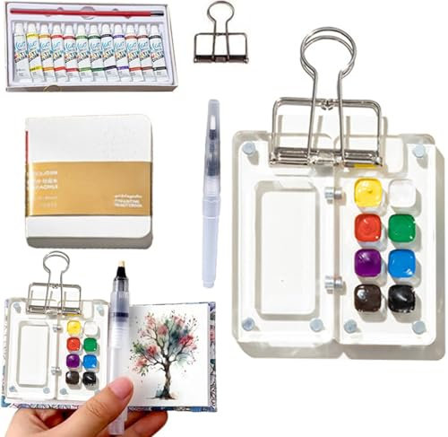 Portable Palette, Mini Travel Paint Set with 8 Grids Mini Wood Palette Box, Pocket Artist Watercolour Palette, Sketchbook Palette Pocket Travel Paint Tray Box with Metal Clip, Watercolor Pen