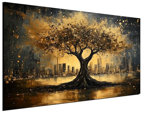 DARO Design® Bild auf Leinwand Groß 84x56 cm XXL Wohnzimmer Deko Modern Wandbild Kunstdruck auf Leinwand Bild Schlafzimmer über Bett Room Decor Geschenke Abstrakt Baum Gold Schwarz Stadt Lebensbaum