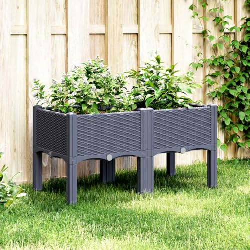 Myheimly Pflanzkasten mit Beinen Rattan-Optik, Pflanzkübel für Garten Terrasse, Blumenkasten Hochbeet Gemüsebeet Grau 80x40x42 cm PP
