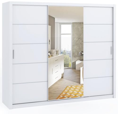 Schiebetürenschrank BONO Breite 250 cm Weiß 3-türiger Spiegel Garderobe (Weiß)