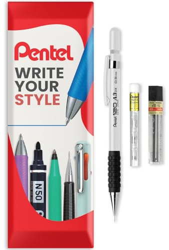 Pentel 120 Series Automatic Mechanical Pencil A315 + 12 HB Refill Leads + Tube of Eraser Refills - In Envelope Gift Packaging (White, 0.5mm)
