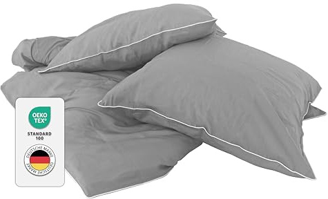 jilda-tex Luxus Perkal Premium-Bettwäsche aus Eukalyptus 100% Lyocell Tencel™ Piping Zertifiziert nachhaltig (Dunkelgrau, 2 TLG. 135x200cm / 80x80cm)