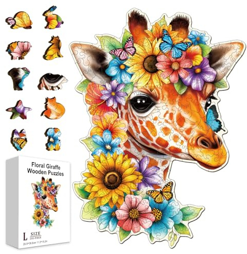 GLOBLELAND Holzpuzzle Erwachsene 200 Teile Holzpuzzles Blumen und Giraffen Wooden Puzzle Unregelmäßige Einzigartige Puzzle für Erwachsene Kreatives Weihnachten Geschenke 15.3x11.2 Zoll