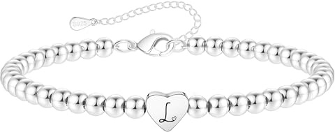 Crownette S925 Silver Bead Bracelet for Women Adjustable Heart Initial Letter Bracelet Birthday Jewellery Gift