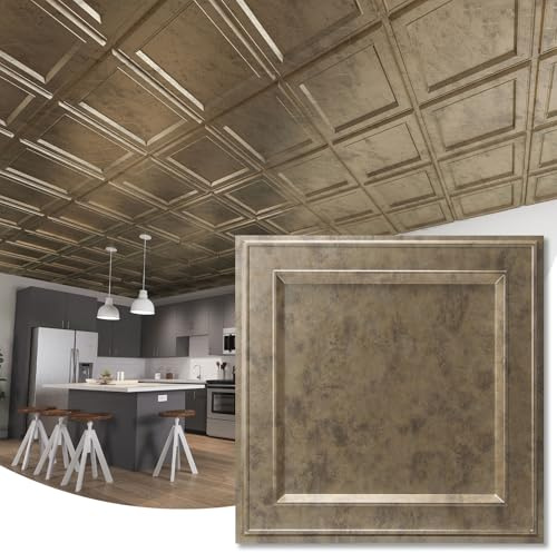 WOWSTAR 12-Pack 24x24 Drop Ceiling Tiles, Waterproof Glue up Ceiling Panels, Vintage Style 3D Wall Panels, Antique Gold