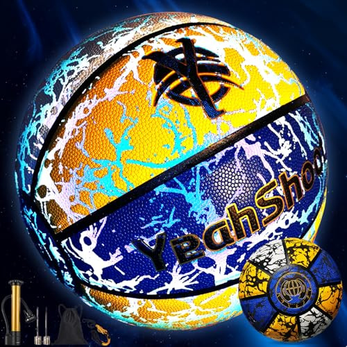 YeahShoot Reflektierender Basketball, 75 cm, leuchtet im Dunkeln, beleuchteter Jugend-Basketball mit Pumpe, Blau, Gelb, Weiß (Gelb & Blau & Weiß, Größe 7/74,9 cm)