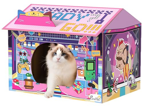 PawHut Cardboard Cat House with Scratching Board & Catnip, 2 in 1 Cat Scratcher Gaming Style for Indoor Kittens, 45 x 32 x 35 cm, Pink